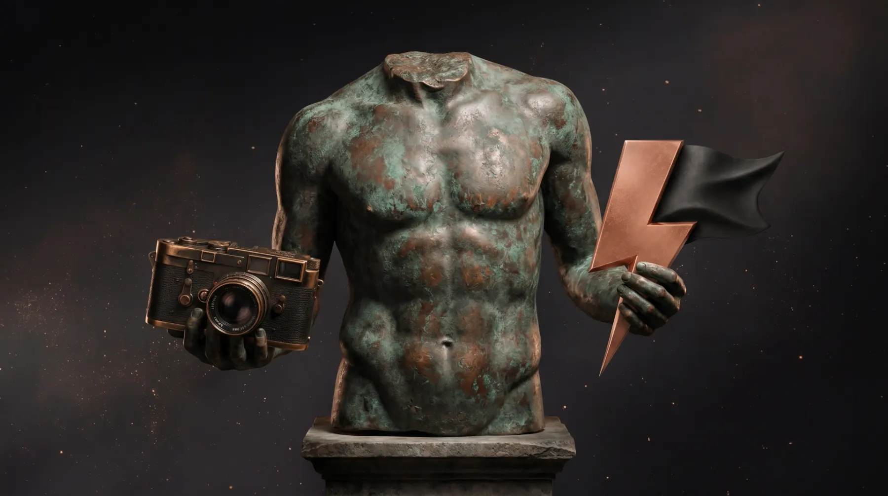 A headless classical torso holding a cinema camera and the PIFF copper lightning logo - body, image and cinema as visual grammar